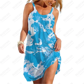 2023 Новая Гавайская модная Короткая юбка, Женская Свободная Сексуальная рубашка с круглым вырезом, Летнее платье на бретельках, Легкий галстук-краска, Мода для 3D-печати  5