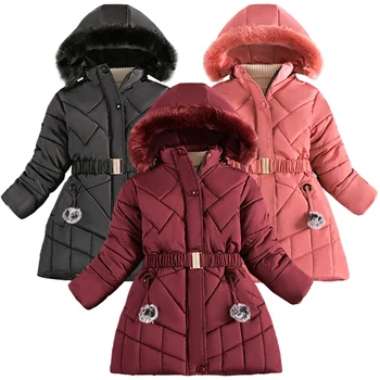 2023 Новая зимняя теплая куртка для девочек, длинная съемная шапка с плюшевым воротником, верхняя одежда с капюшоном, пальто для детей 4-12 лет  4