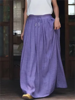 2023 Новая летняя осенняя свободная повседневная простая юбка из Рами, женская двухслойная юбка с эластичным поясом и завязками в стиле ретро  5