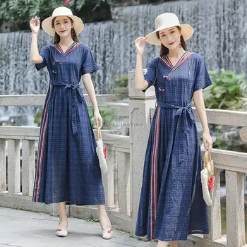 2023 новое китайское национальное платье, летнее хлопковое льняное платье в этническом стиле, женское винтажное льняное платье с коротким рукавом, свободная повседневная длинная юбка s285  5