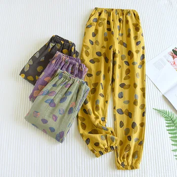 2023 Новые женские весенне-осенние японские брюки из 100% хлопка, штаны для сна, женские тонкие брюки крупным планом, свободные домашние брюки  5