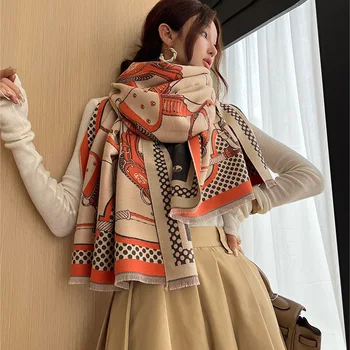 2023 Новый Роскошный бренд, Зимний кашемировый шарф для женщин, модный принт, теплая шаль, шейный платок из пашмины, пончо с кисточками,  5