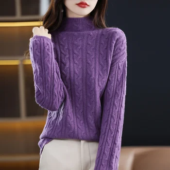 2023 Осенне-зимний женский Новый жаккардовый пуловер, повседневный вязаный свитер с полувысоким вырезом из 100% шерсти, мягкая и дышащая блузка  4