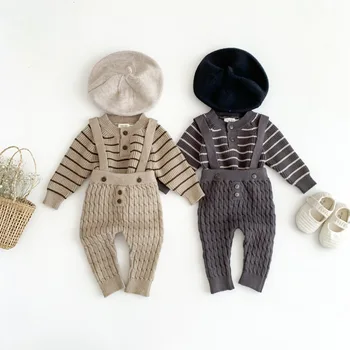 2023 Осень Зима, новые детские свитера, костюм для малышей, вязаный комбинезон для девочек и свитер в полоску, одежда для мальчиков, наряд  5
