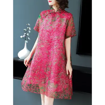 2023 платье с принтом в стиле ретро, женская весенне-летняя юбка в этническом стиле, длинное улучшенное шифоновое платье ципао в китайском стиле cheongsam a25  5