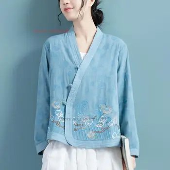 2023 традиционное китайское винтажное пальто, кардиган с национальной цветочной вышивкой, восточный костюм тан, этническая хлопковая льняная куртка hanfu  5