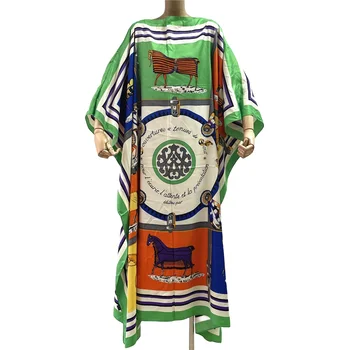 2024 Свободное шелковое платье Макси с принтом AfricaSaudi Arabia с длинным рукавом, летний пляжный богемный халат, кафтан, купальник с рукавом 