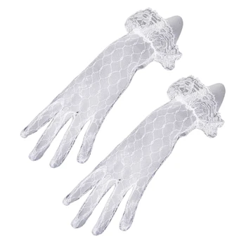 652F Женские Летние перчатки для девочек, защищенные от ультрафиолета, Сетка с бриллиантами, Гофрированное кружево, Однотонные варежки на весь палец для свадебной вечеринки  5