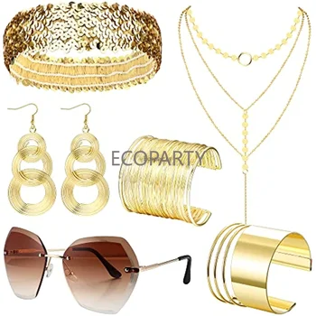 7 Предметов Аксессуаров для дискотеки 70-х, комплект костюмов для женщин, Золотые солнцезащитные очки с бриллиантами, колье-чокер, Серьги, браслет, повязка на голову с блестками,  5