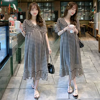8810 # 2022 Летнее Корейское модное длинное платье в клетку для беременных, милая Элегантная свободная одежда А-силуэта для беременных женщин Беременность  5