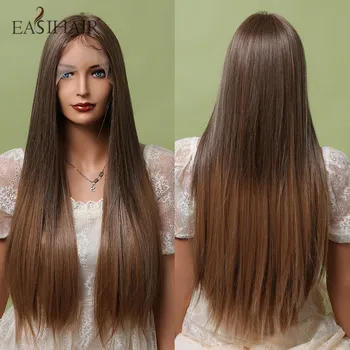 EASIHAIR Светлые смешанные коричневые парики на шнурке спереди, длинные прямые натуральные парики для женщин, синтетический парик на шнурке спереди, термостойкий  5