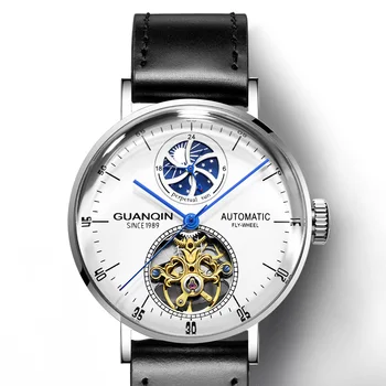 GUANQIN Новые механические мужские часы класса люкс с турбийоном, стальная оболочка, фаза Луны, автоматические часы для мужчин, водонепроницаемые кожаные часы  4