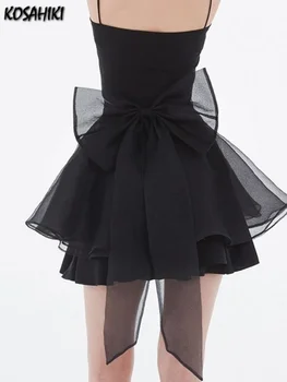 Harajuku Газовые сладкие юбки Женские мини-юбки в стиле Лолиты с высокой талией и бантом в стиле пэчворк Y2K Эстетическая уличная одежда Корейское модное бальное платье  4