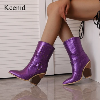 Kcenid/ Осень-зима, Новые женские ковбойские сапоги с острым носком, Модные джинсовые женские ботинки на массивном высоком каблуке, пикантная женская обувь для вечеринок  5