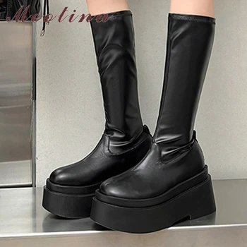 Meotina/ Женские эластичные ботинки из натуральной кожи до середины икры с круглым носком, на плоской платформе, на высоком каблуке, женская модная обувь осень-зима  5