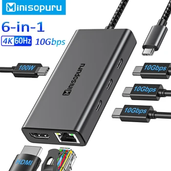Minisopuru USB C Концентратор 4K @ 60Hz HDMI 10 Гбит/с USB Type c к Multi USB 3,2 RJ45 PD 100 Вт Адаптер для MacBook Pro iMac Разветвитель USB-Концентратор  4