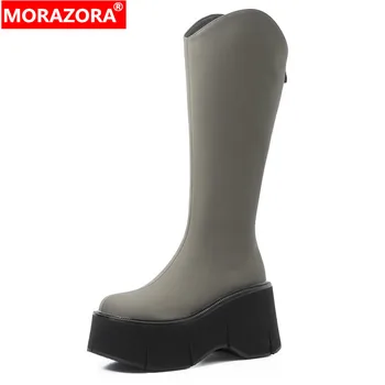 MORAZORA/ Новинка 2023 года, хит продаж, сапоги до колена на молнии, Зимние ботинки из натуральной кожи, женские сапоги на платформе на массивном каблуке  5