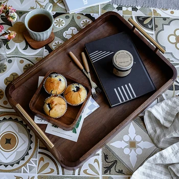 Nordic ins Японский бытовой поднос для завтрака из орехового дерева с двумя ручками для хранения хлеба, десерта, фруктового чая  4
