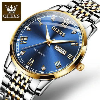 OLEVS Модные Синие механические часы для мужчин из нержавеющей стали с водонепроницаемым календарем, автоматические мужские часы, лучший бренд класса Люкс, часы  5