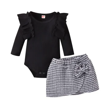 Pudcoco Для новорожденных девочек, осенние наряды из 2 предметов, Однотонный боди с оборками и длинным рукавом + клетчатая юбка, комплект детской одежды 0-24 м  5