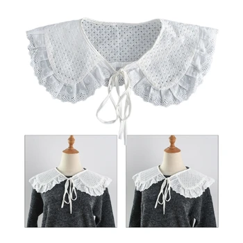 Q1FA Элегантная женская рубашка со съемным воротником, дышащее кружево, съемный воротник для свитера, милый плиссированный накладной воротник  5