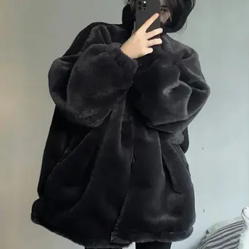 QWEEK Черные флисовые куртки Зимняя одежда в Корейском стиле Женская теплая пушистая куртка на молнии, пальто из искусственного меха больших размеров, Женская верхняя одежда  5