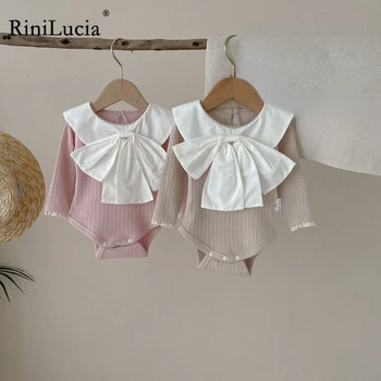 RiniLucia 2023 Новый комбинезон для ребенка 0-2 лет, детский комбинезон для девочек, однотонный боди с длинным рукавом, воротником на пуговицах и большим бантом  5
