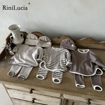 RiniLucia Модный комплект одежды для маленьких мальчиков и девочек, Рубашки в полоску с длинным рукавом, Брюки, Детские костюмы из 2 предметов, Наряды 2023, Новая одежда  5
