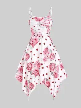 ROSEGAL Плюс Размер, платье-носовой платок Миди с принтом Розы, Женское Летнее Модное Белое Асимметричное платье без рукавов, Vestido  5