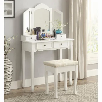 Roundhill Furniture Sanlo Деревянный косметический столик и табурет, белый косметический столик  5