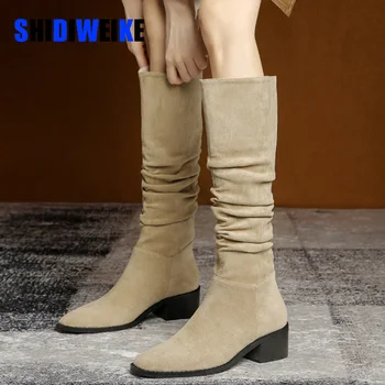 SDWK/ Классическая обувь 5 см, Женские модные женские ботинки, сапоги до колена без застежки, Квадратный плиссированный толстый каблук, квадратный каблук AD4371  5