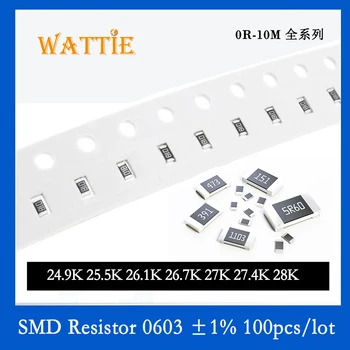 SMD резистор 0603 1% 24.9K 25.5K 26.1K 26.7K 27K 27.4K 28K 100 шт./лот микросхемные резисторы 1/10 Вт 1.6 мм * 0.8 мм  5