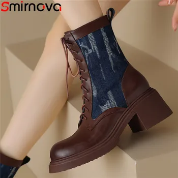 Smirnova 2023, Новые женские джинсовые туфли на платформе, Ботильоны из натуральной кожи на шнуровке, Зимние ботинки на высоком квадратном каблуке  5