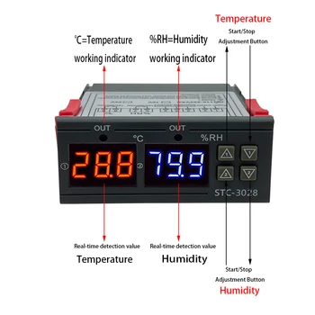 STC-3028 Двойной цифровой термостат для контроля температуры и влажности, термометр, Гигрометр, контроллер инкубатора, AC 220 В, DC 12 В, 24 В  2