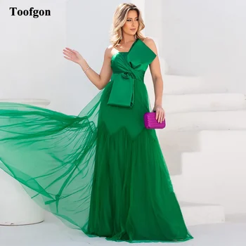 Toofgon Зеленый тюль, атлас, арабские длинные платья для выпускного вечера, вечерние платья без бретелек с бантом, специальное вечернее платье для женщин, наряды для вечеринок  5