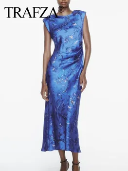 TRAFZA 2023, женские летние Элегантные длинные платья, Модные синие платья с круглым вырезом и складками, без рукавов, на молнии, женские модные платья  4