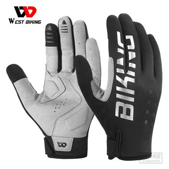 WEST BIKING Осенне-зимние велосипедные тепловые перчатки Мужские перчатки на весь палец с сенсорным экраном SBR Амортизирующие Светоотражающие велосипедные перчатки  5