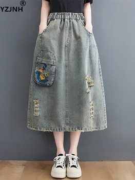 YZJNH 2023 Весна/Лето Новая джинсовая юбка Свободная, с вышивкой, эластичная юбка на талии большого размера  5