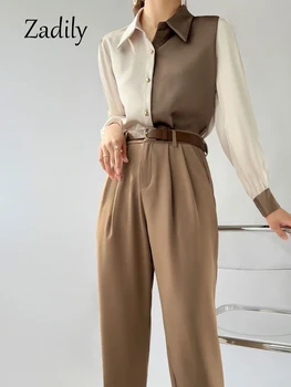 Zadily 2023 Осенняя Офисная Женская базовая рубашка из атласа с длинным рукавом в Корейском стиле, рабочая блузка в стиле пэчворк на пуговицах, женская одежда  5