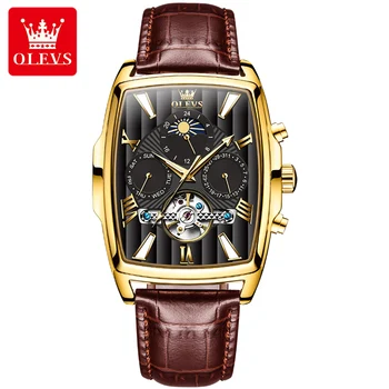 Автоматические Механические часы бренда OLEVS, циферблат в виде винной бочки, Водонепроницаемый Кожаный ремешок, часы с дизайном скелета, Reloj de hombre 88  5