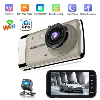 Автомобильный видеорегистратор 1080P Full HD Видеорегистраторы Камера заднего вида с двумя объективами GPS WiFi Регистратор ночного видения Парковочный монитор Черный ящик  5