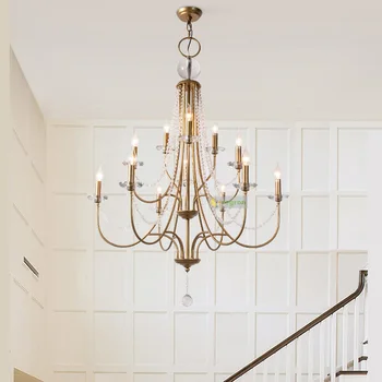 Американская Винтажная Лестничная Люстра, Освещающая ретро кованое железо, трехэтажная Светодиодная лампа, свеча для гостиной, хрустальная люстра  5