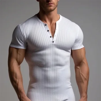 Американская новая спортивная мужская футболка Slim Fit Muscle с коротким рукавом, эластичная нить для фитнеса, однотонная, обтягивающая  5