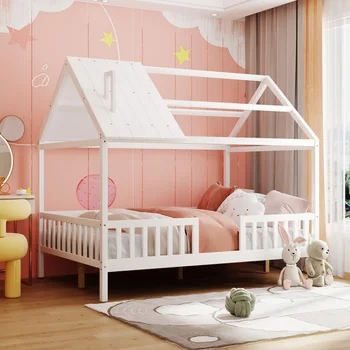 Белая кровать в натуральную величину из дерева с ограждением, легко монтируемая Для мебели для спальни в помещении  10