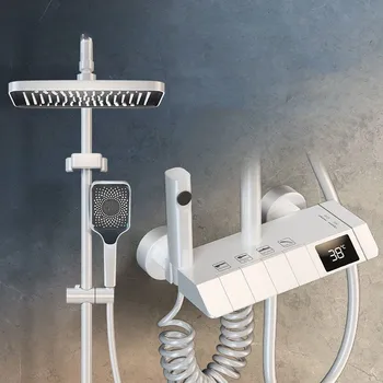 Белый Термостатический смеситель для душа с цифровым дисплеем, Латунный смеситель для ванны с дождевой насадкой для смесителя для ванной комнаты с полкой для гидроэнергетики  5