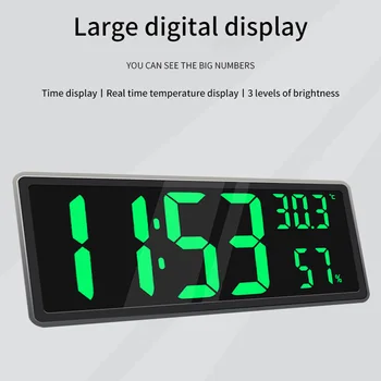 Большие цифровые настенные часы с индикацией температуры и влажности, ночной режим, настольные часы, 3 режима отображения, электронные светодиодные часы 12/24 часа  2