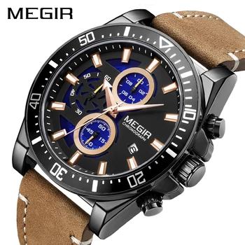 Бренд MEGIR Повседневные модные кварцевые часы с коричневым ремешком, водонепроницаемые, со светящимся календарем, хронографом, спортивные мужские часы Relogio Masculino  4