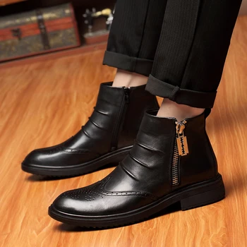 Брендовые мужские черные кожаные ботинки с высоким берцем для мужчин 2023, модная удобная повседневная обувь, плюшевые и теплые зимой кожаные ботильоны  5