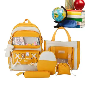В комплект эстетичного рюкзака входят булавки и плюшевые подвески, эстетичный водонепроницаемый школьный рюкзак, набор из 5 предметов, школьный рюкзак  5