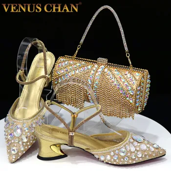 Венера Чан 2023 Модные туфли со стразами на каблуках с острым носком, Золотистый кружевной дизайн с кисточками, элегантные роскошные туфли и сумка для женской вечеринки  5